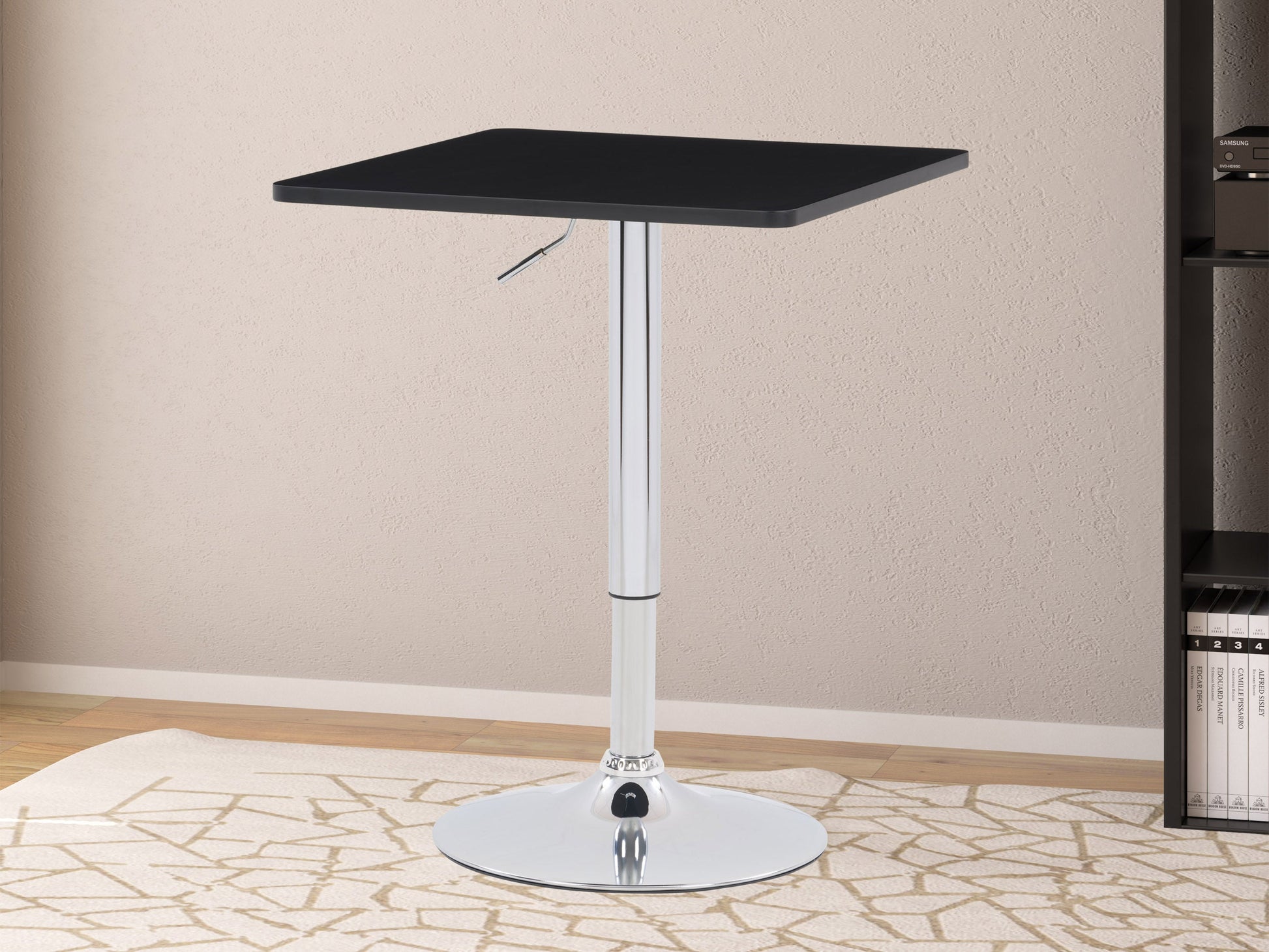 Adjustable height black bar table with square top and sleek metal base, modern and versatile design for home or commercial use.