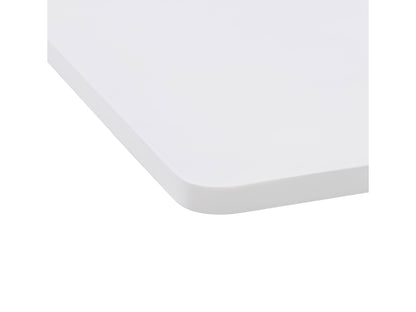 Adjustable height white bar table with square top and sleek chrome base, modern design.