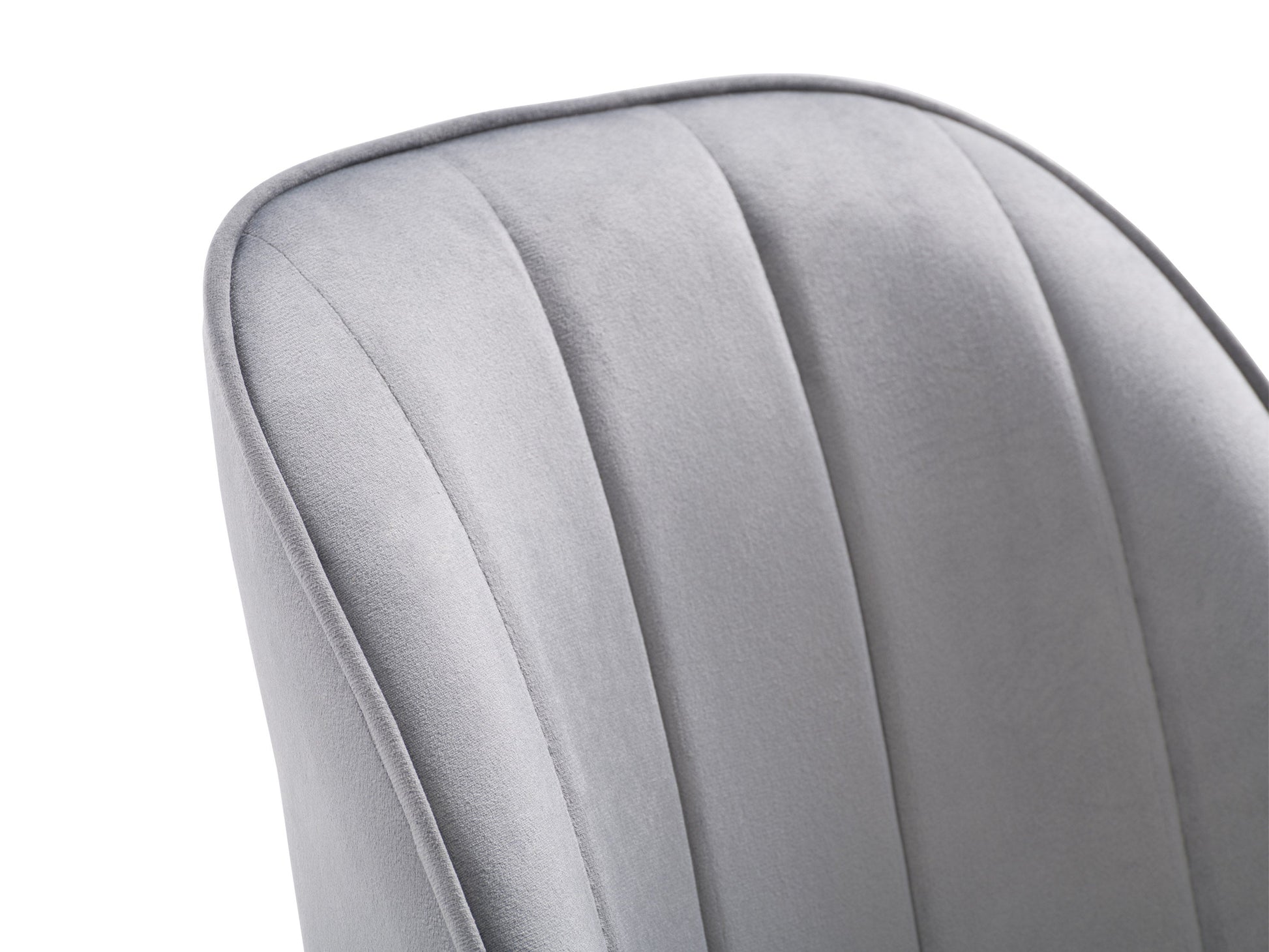Set of 2 grey velvet dining chairs with tufted backs, sleek black metal legs, and modern design.