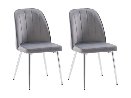 Grey velvet dining room chairs, set of 2, with gold metal legs and tufted backrest.