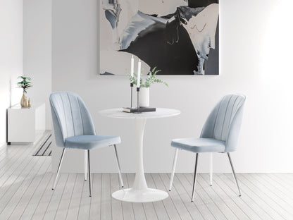 Blue velvet dining chairs set, modern design with gold metal legs, plush upholstery, and curved backrest.