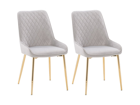 Light grey velvet dining chairs, set of 2, with gold metal legs and tufted backrest.