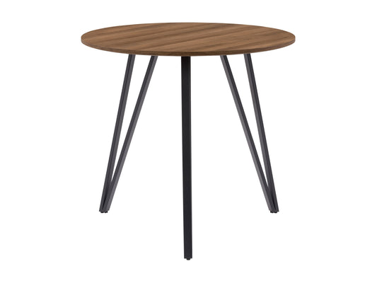 Small round brown dining table with wooden finish and sleek black metal legs.