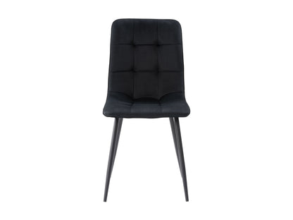 Black velvet upholstered dining chairs set of 2 with gold metal legs and tufted backrest, modern dining room furniture.
