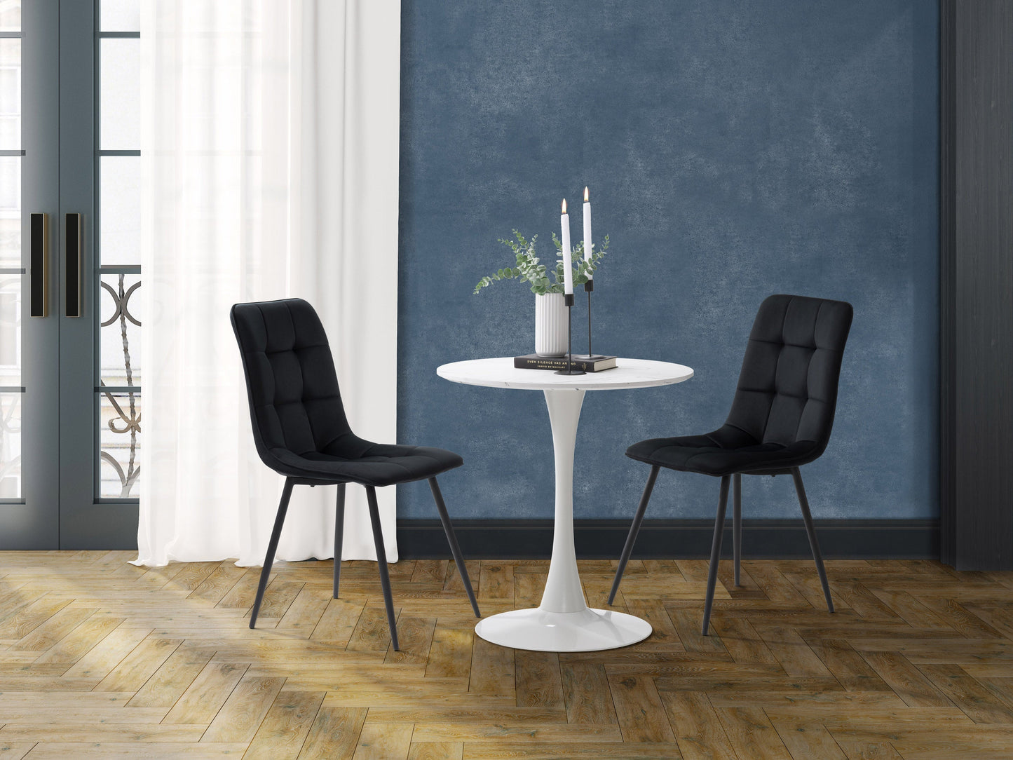 Black 3-piece bistro dining set with round table and two cushioned chairs, sleek metal frame, ideal for small spaces.
