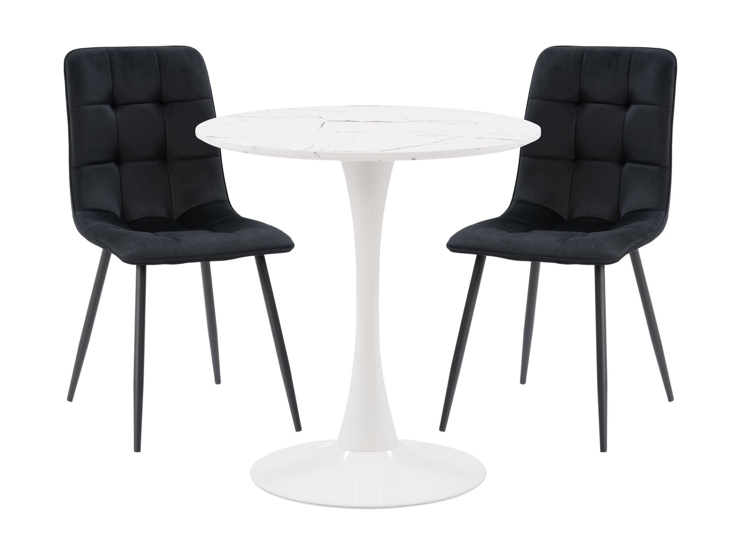 3 piece black bistro dining set with round table and two matching chairs, modern design, perfect for small spaces.
