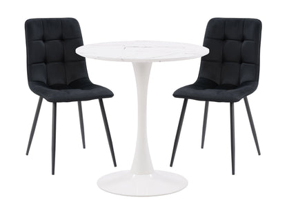 3 piece black bistro dining set with round table and two matching chairs, modern design, perfect for small spaces.
