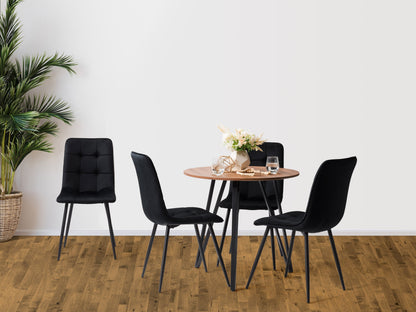 Round black dining table set with four chairs, modern design, wooden legs, sleek finish.