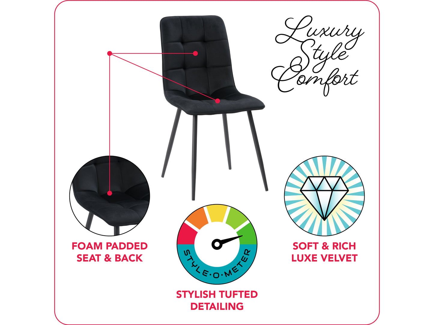 Black round dining table set with four matching chairs, sleek modern design, and sturdy metal legs.