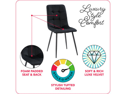 Black round dining table set with four matching chairs, sleek modern design, and sturdy metal legs.