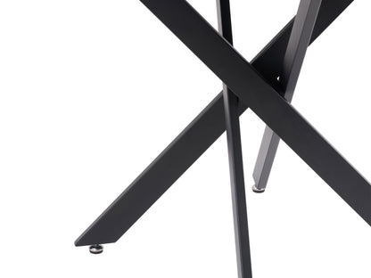 Black dining set, 5-piece, with sleek modern design, black cushioned chairs, and a rectangular black table.