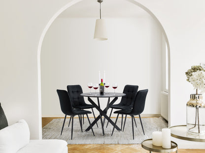 Black dining room set, 5-piece with sleek black chairs and table, modern design, perfect for contemporary interiors.