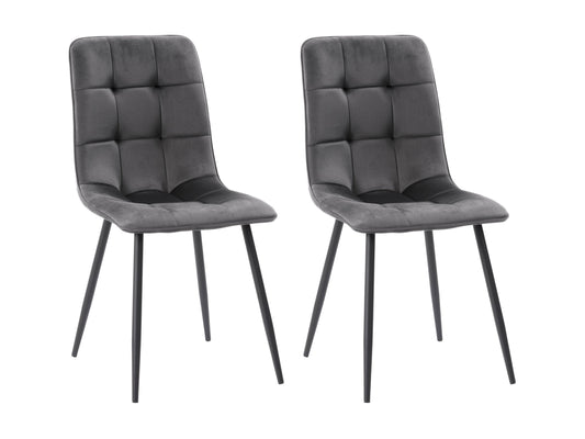 Grey velvet upholstered dining chairs, set of 2, with gold metal legs and tufted backrest for modern dining rooms.