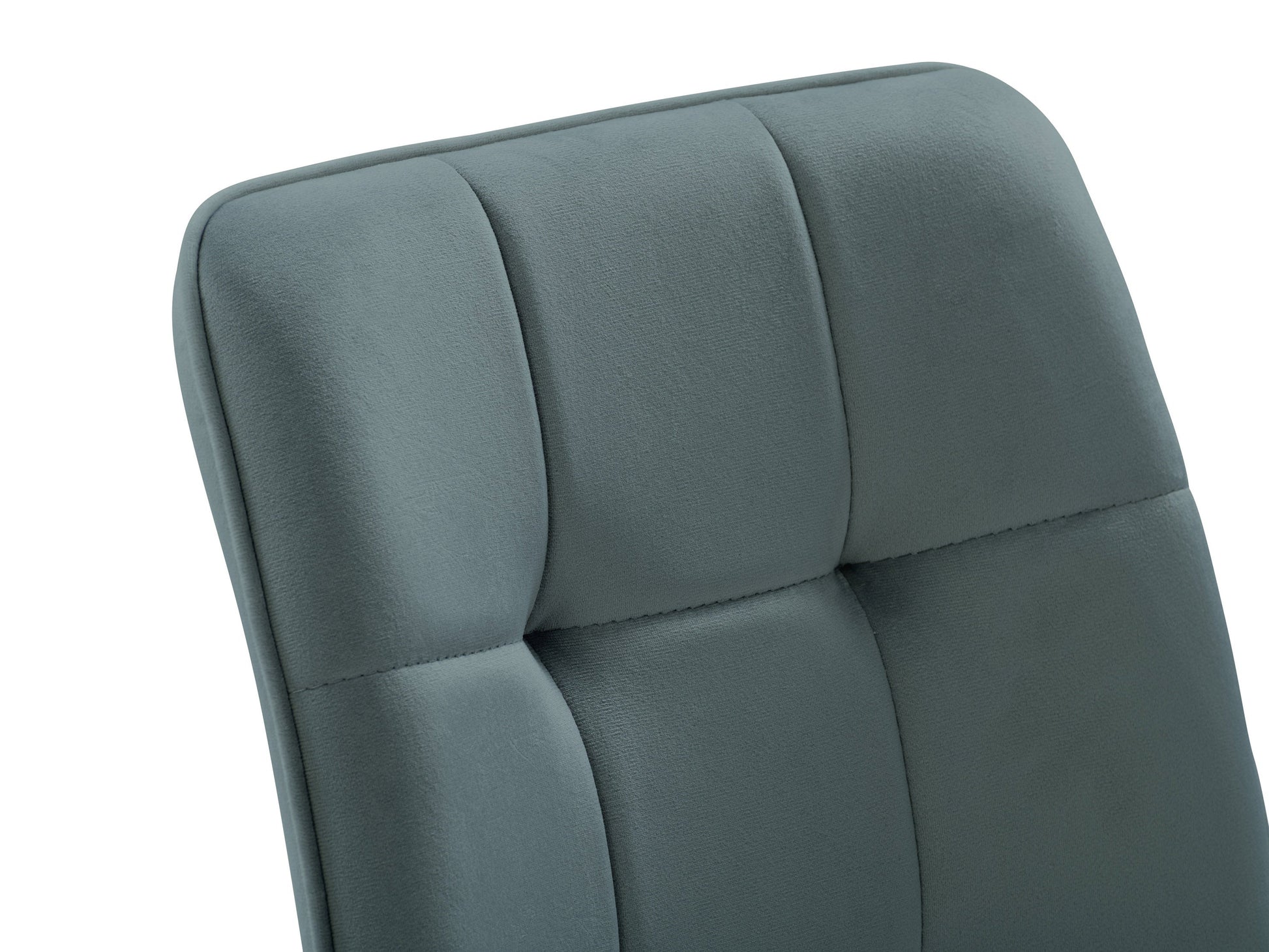 Teal grey velvet dining chairs, set of 2, with tufted backrest and black metal legs.