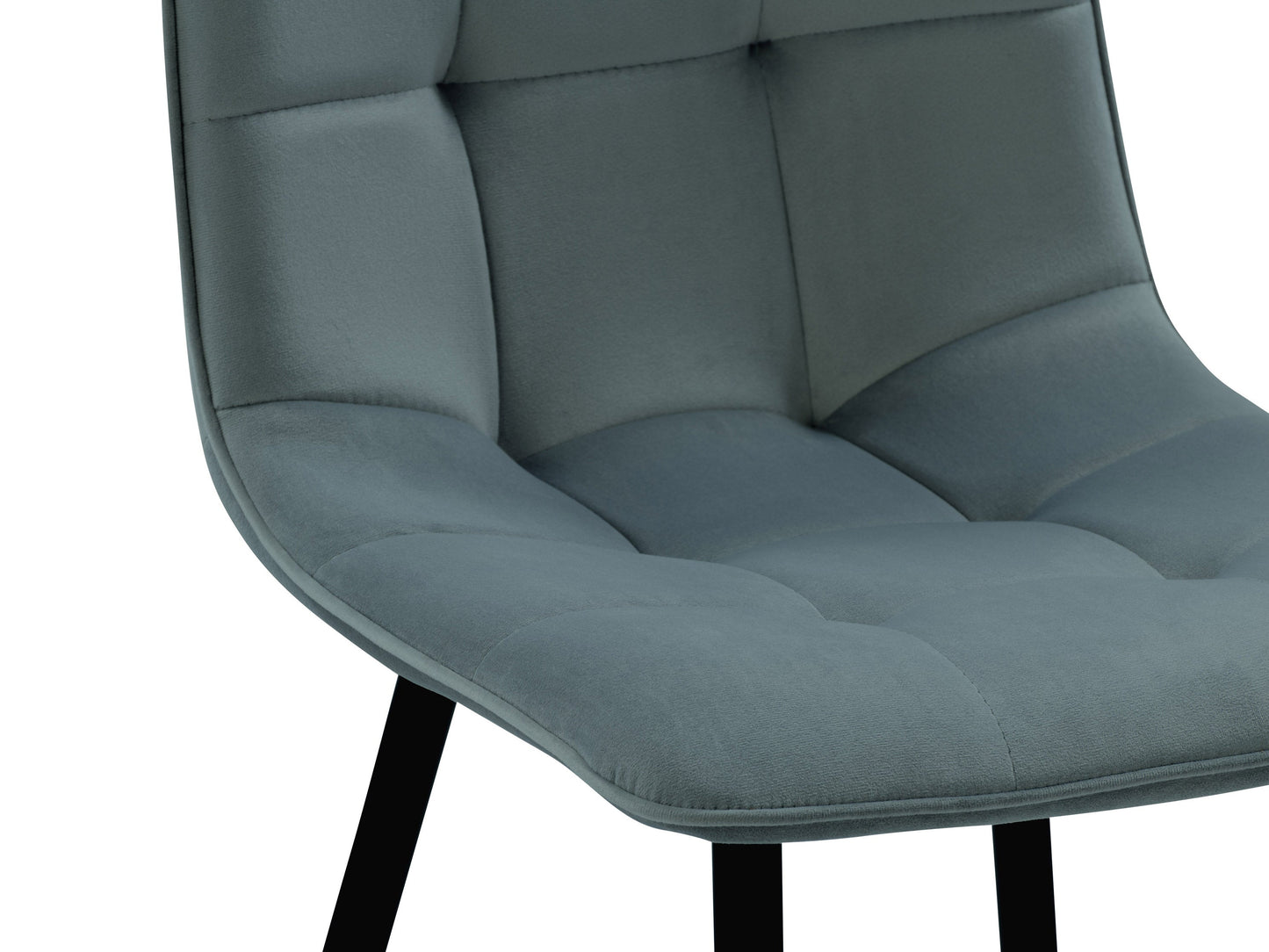 Teal grey velvet upholstered dining chairs, set of 2, with gold metal legs and tufted backrest.