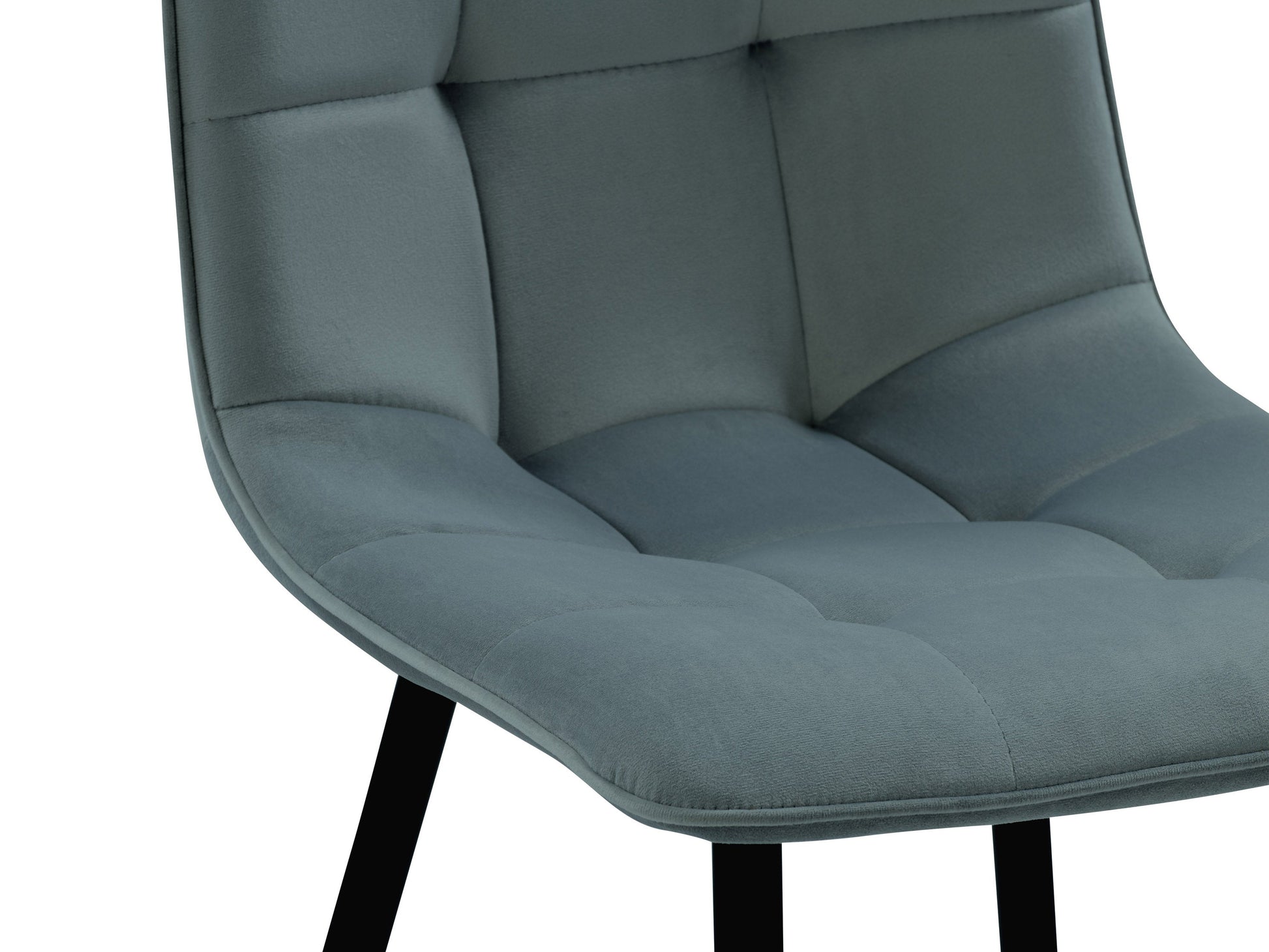 Teal grey velvet upholstered dining chairs, set of 2, with gold metal legs and tufted backrest.