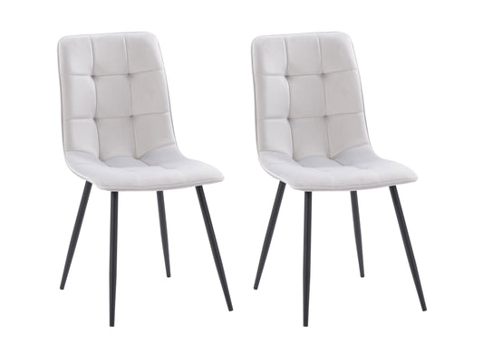 Light grey velvet upholstered dining chairs, set of 2, with sleek black metal legs and tufted backrest.