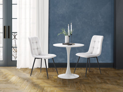 Light grey 3 piece bistro dining set with cushioned seats, round table, and sleek metal legs.