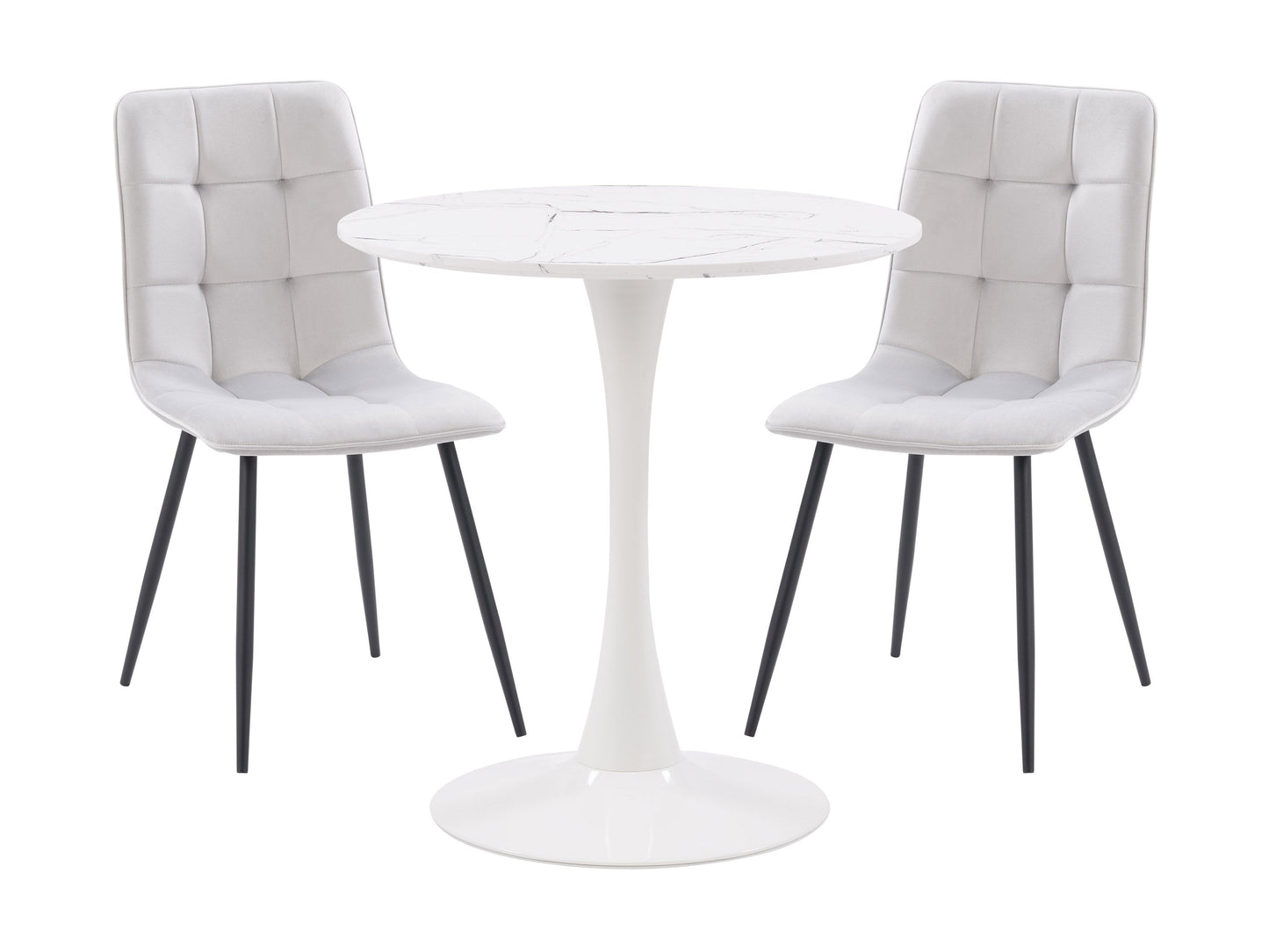 Light grey 3 piece bistro dining set with round table and cushioned chairs, perfect for small spaces and modern kitchens.