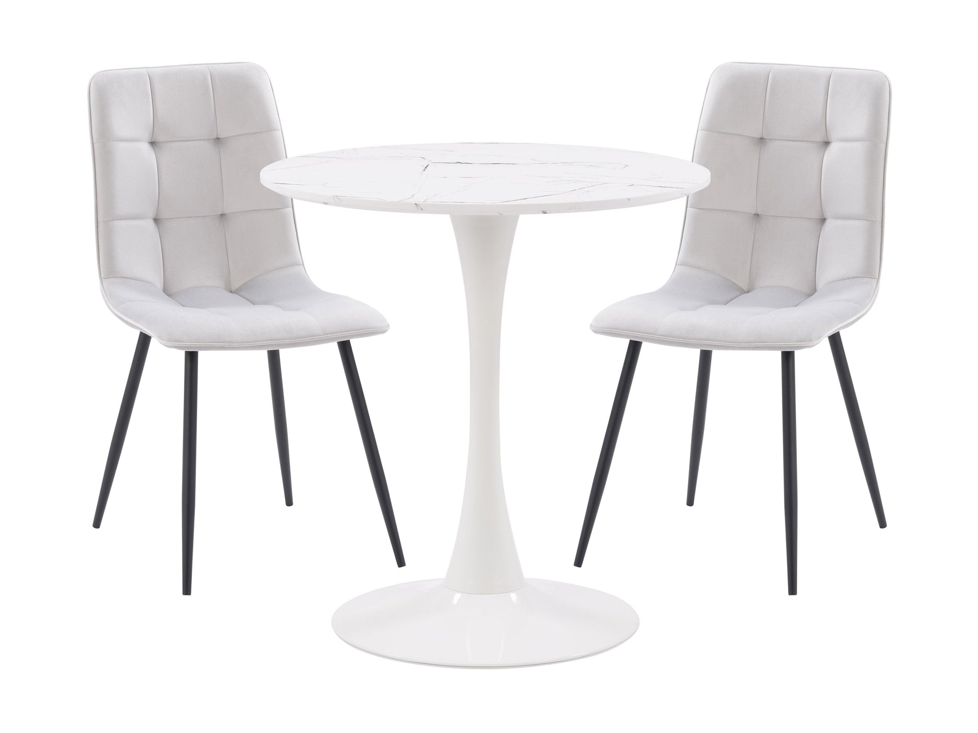 Light grey 3 piece bistro dining set with round table and cushioned chairs, perfect for small spaces and modern kitchens.