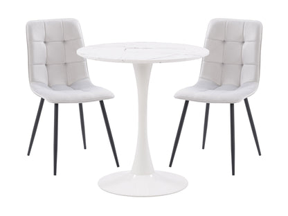 Light grey 3 piece bistro dining set with round table and cushioned chairs, perfect for small spaces and modern kitchens.