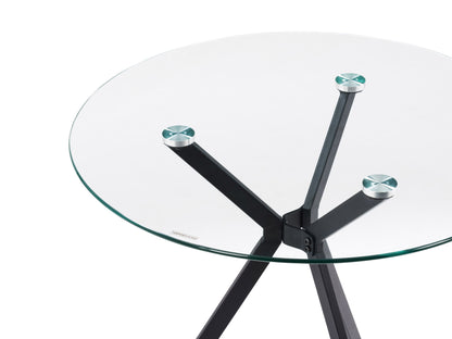 Light grey glass dining table set with four upholstered chairs, sleek modern design, and chrome legs.
