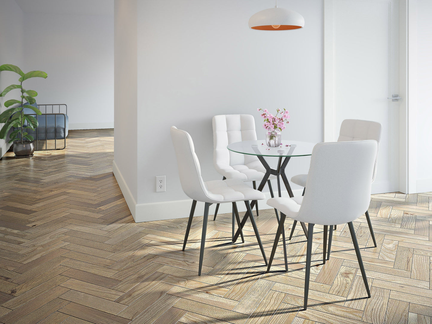 Glass dining table set with light grey upholstered chairs, sleek metal legs, and a modern minimalist design.