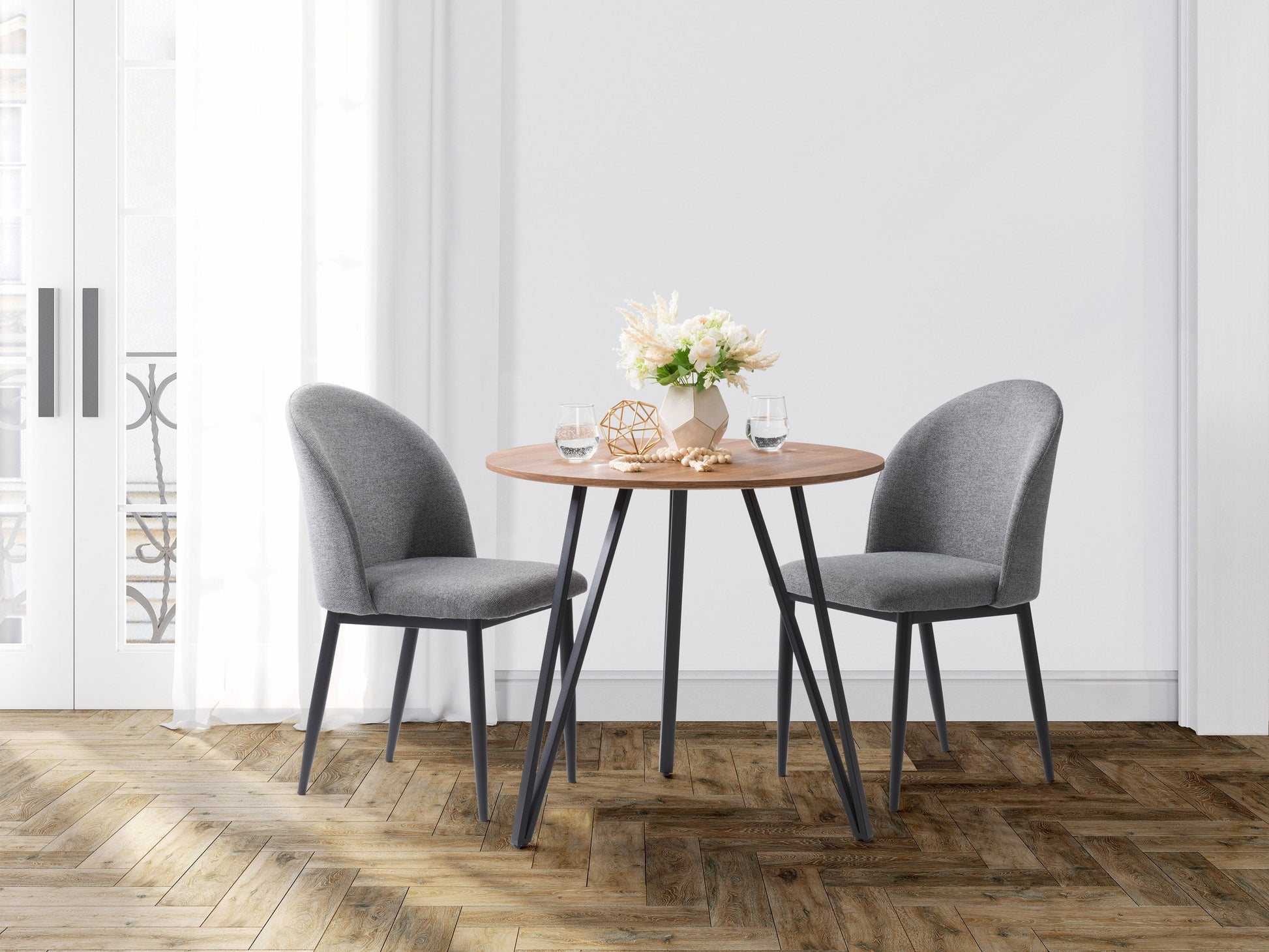 Grey curved dining chairs set of 2 with cushioned seats, wooden legs, and contemporary design.