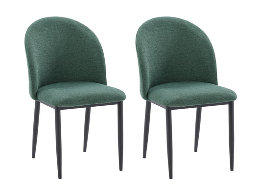 Dark green curved dining chairs set, upholstered fabric, wooden legs, modern design, perfect for dining rooms.