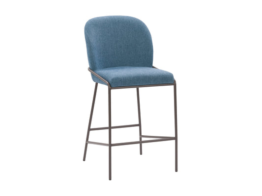 Blue modern bar stool with wooden legs, cushioned seat, and backrest, perfect for contemporary kitchen or bar areas.
