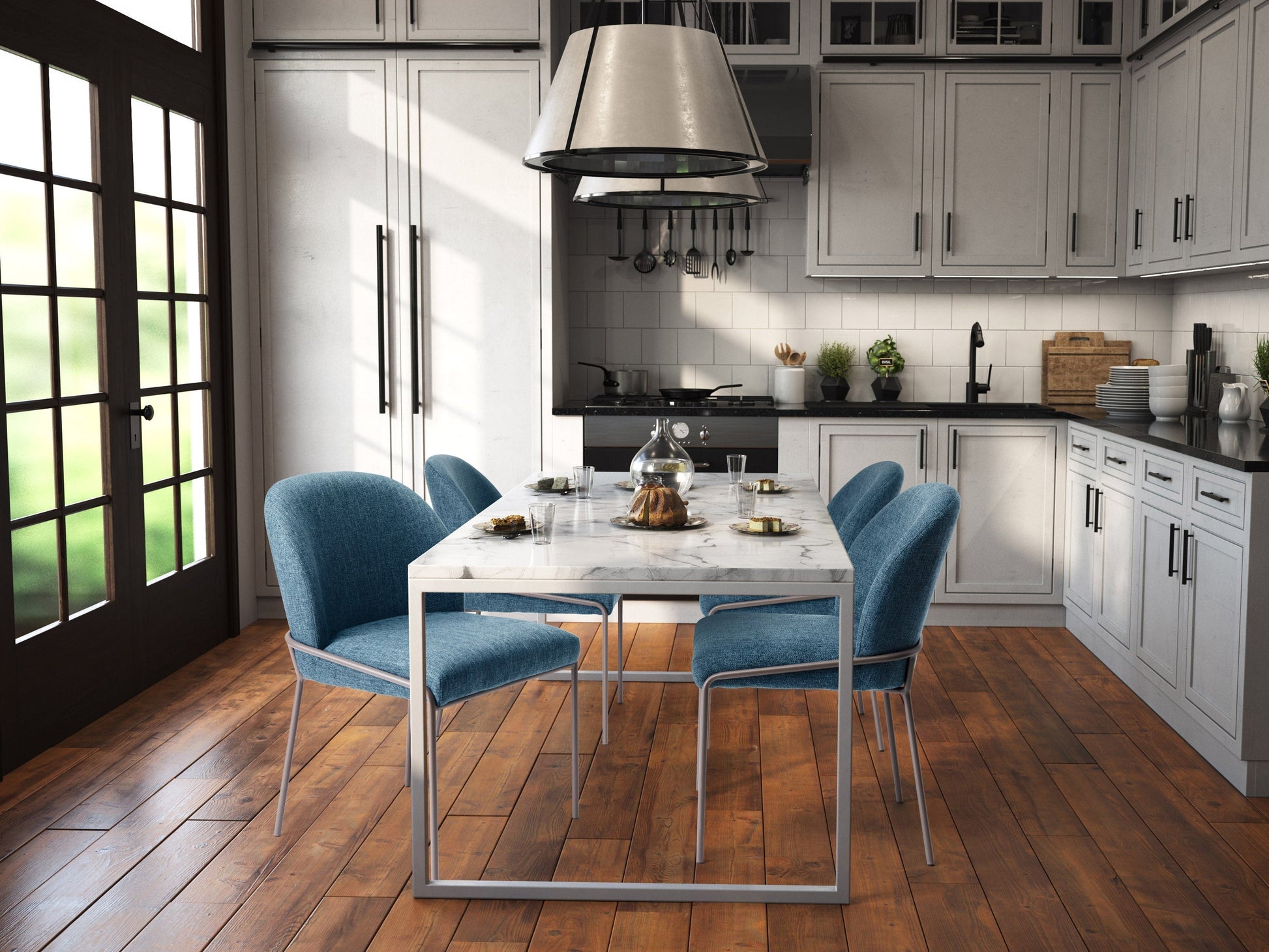 Blue high back upholstered dining chairs, set of 2, with wooden legs and tufted cushions, perfect for modern dining rooms.