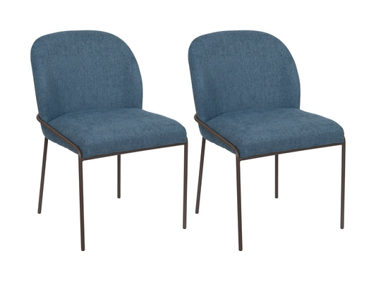 High back blue upholstered dining chairs, set of 2, with elegant wooden legs and comfortable padding.