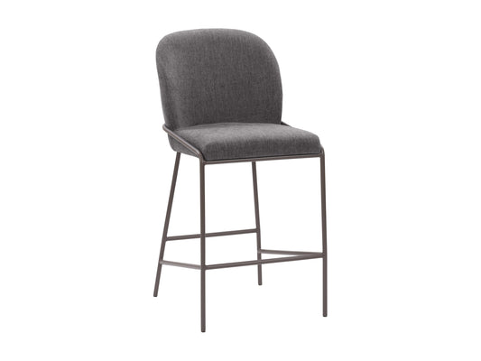 Dark grey modern bar stool with padded seat, sleek metal legs, and minimalist design.