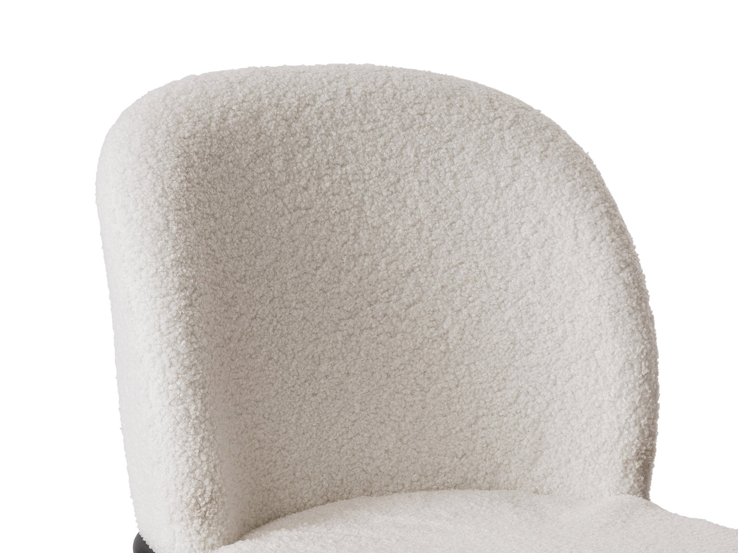 White boucle bar stool with curved back, wooden legs, and modern design.
