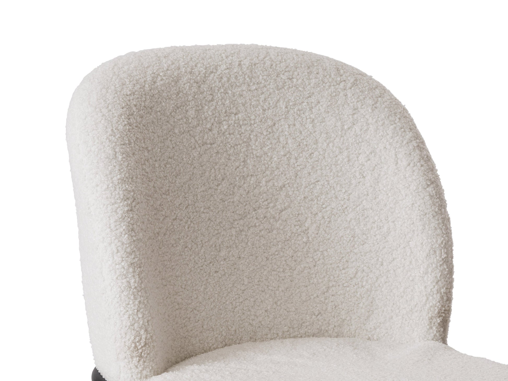 White boucle bar stool with curved back, wooden legs, and modern design.