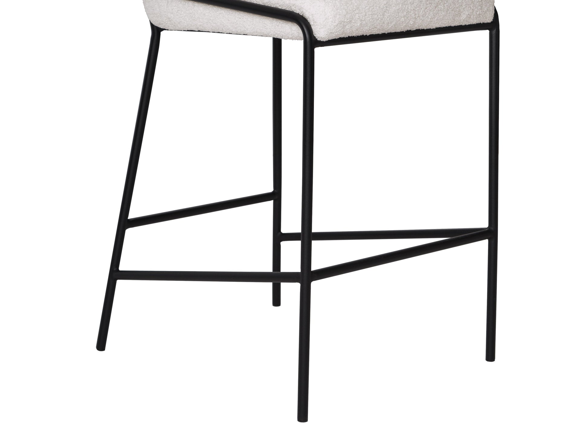 White boucle bar stool with curved backrest, sleek wooden legs, and modern design.