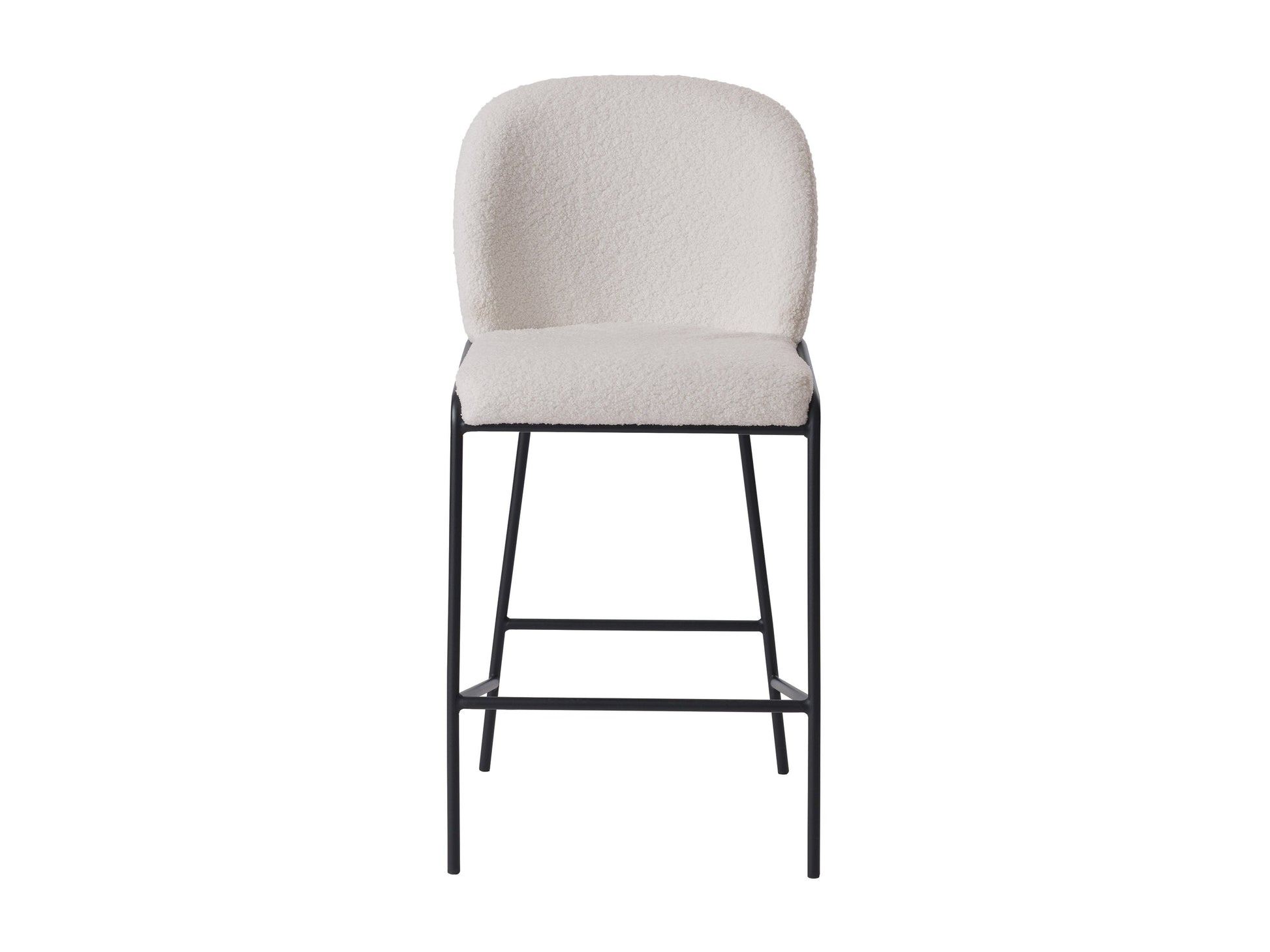 White boucle bar stool with curved backrest, black metal legs, and modern minimalist design.