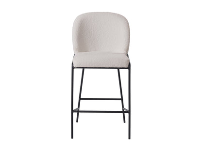 White boucle bar stool with curved backrest, black metal legs, and modern minimalist design.