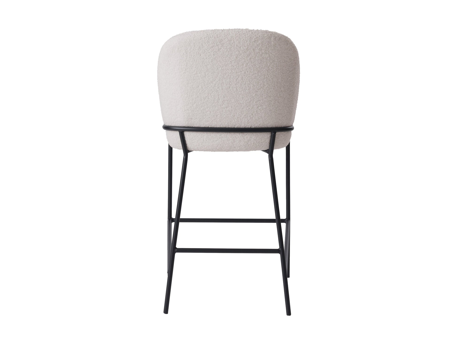 White boucle bar stool with curved backrest, wooden legs, and modern design.