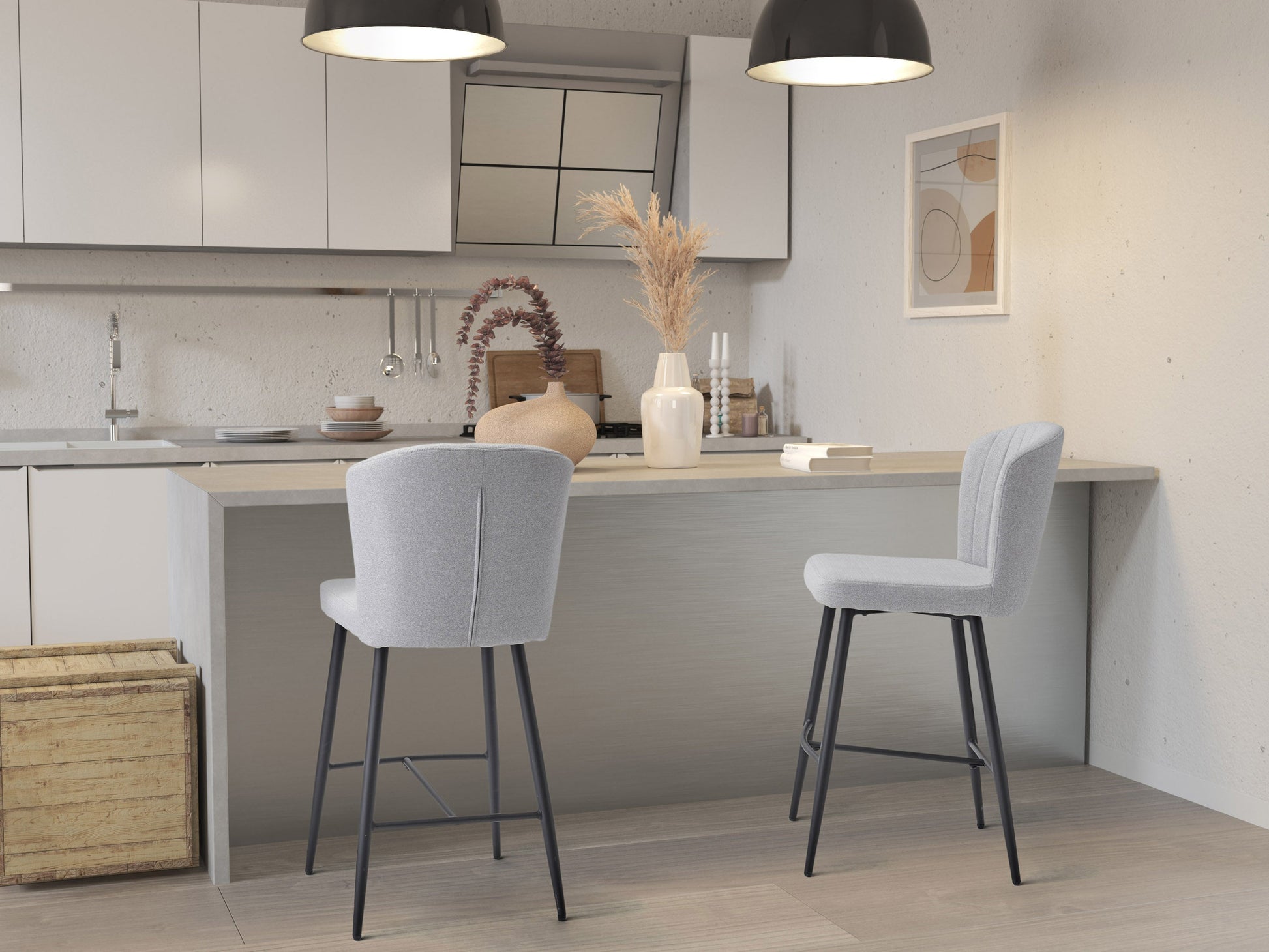 Light grey metal bar stools, set of 2, with cushioned seats and sleek modern design.