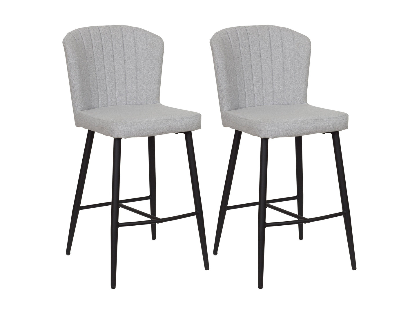 Light grey metal bar stools, set of 2, with cushioned seats and sleek minimalist design.