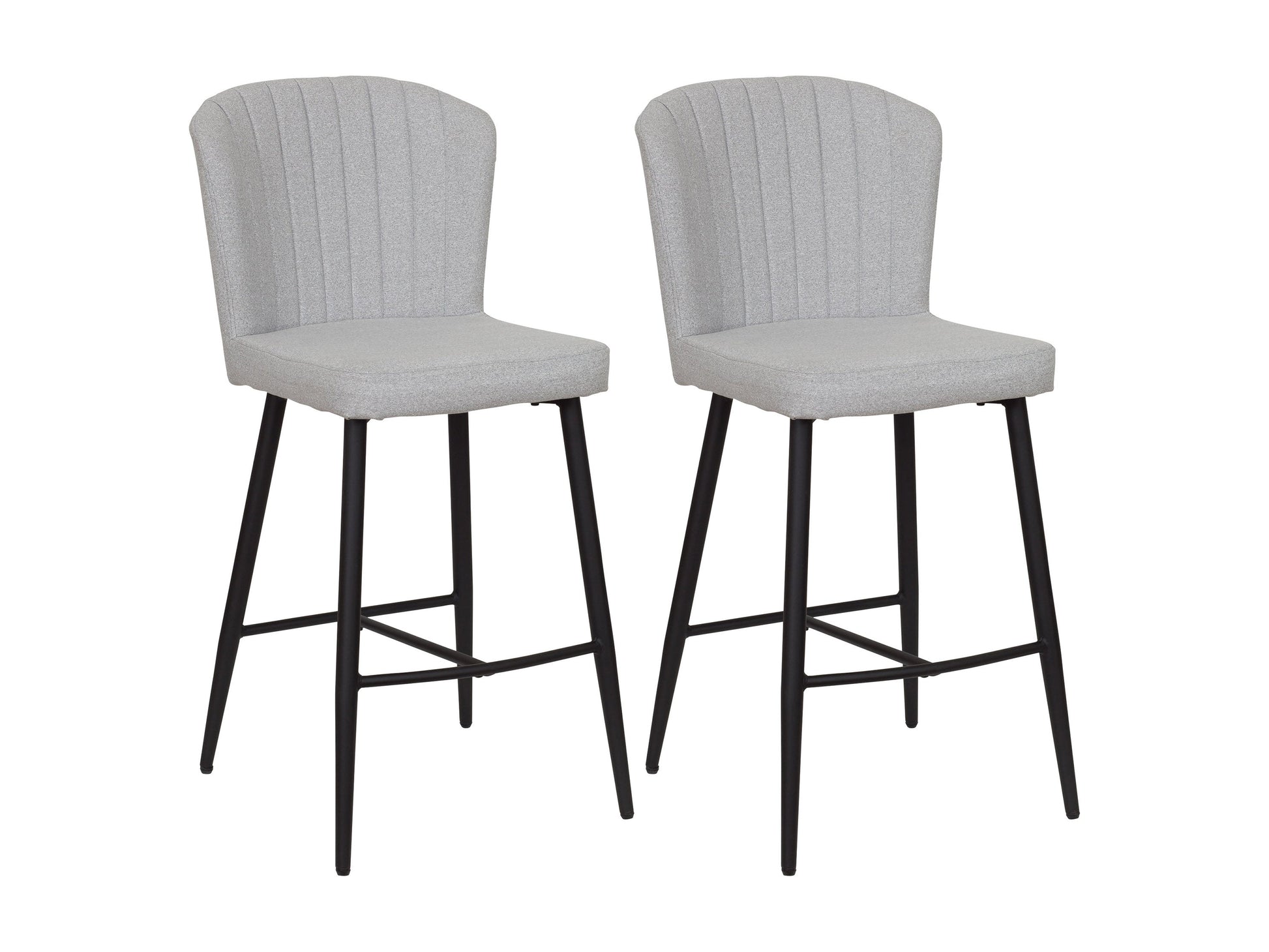 Light grey metal bar stools, set of 2, with cushioned seats and sleek minimalist design.