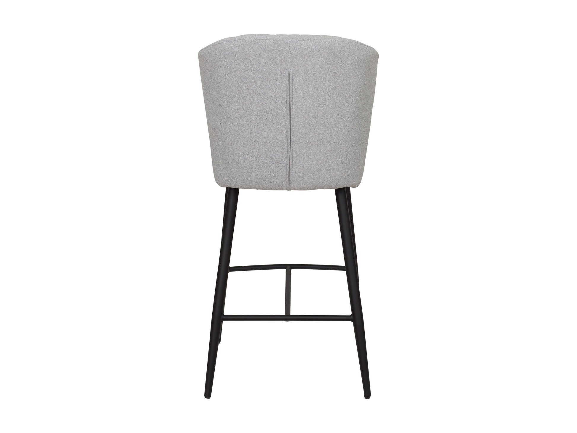 Light grey metal bar stools set with padded seats and backrests, sleek design, and sturdy construction.