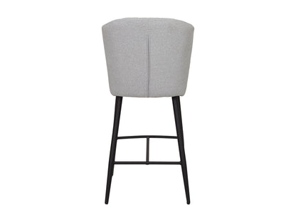 Light grey metal bar stools set with padded seats and backrests, sleek design, and sturdy construction.