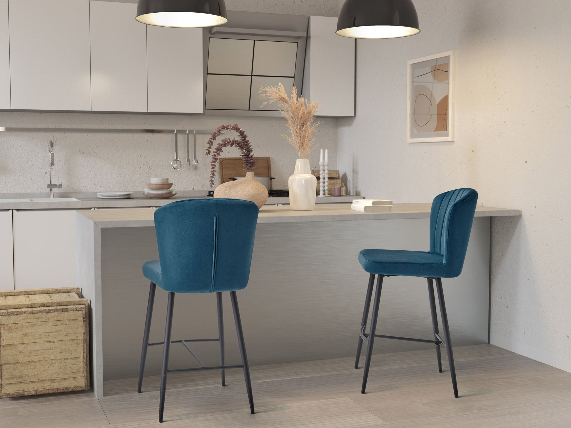 Navy blue metal bar stools, set of 2, with padded seats and backrests, contemporary design.