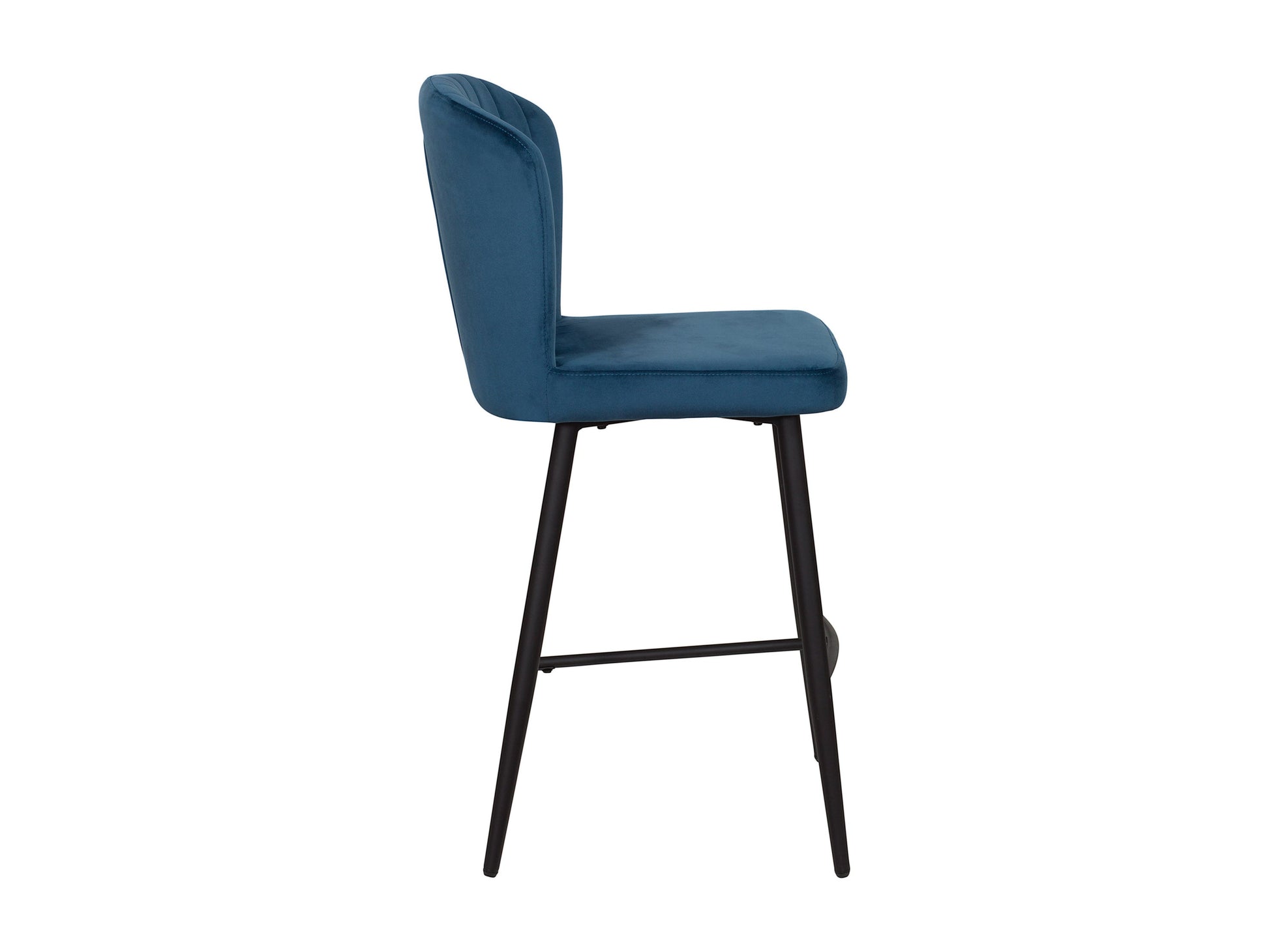 Navy blue metal bar stools, set of 2, with curved backrests and footrests for modern kitchen or bar seating.