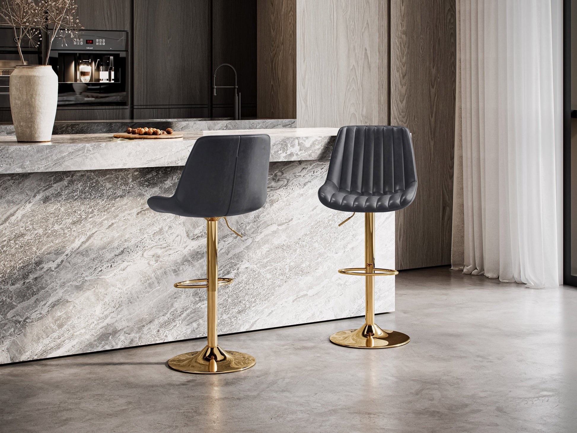 Adjustable gold bar stools with black seats, set of 2, featuring sleek design and comfortable padding.