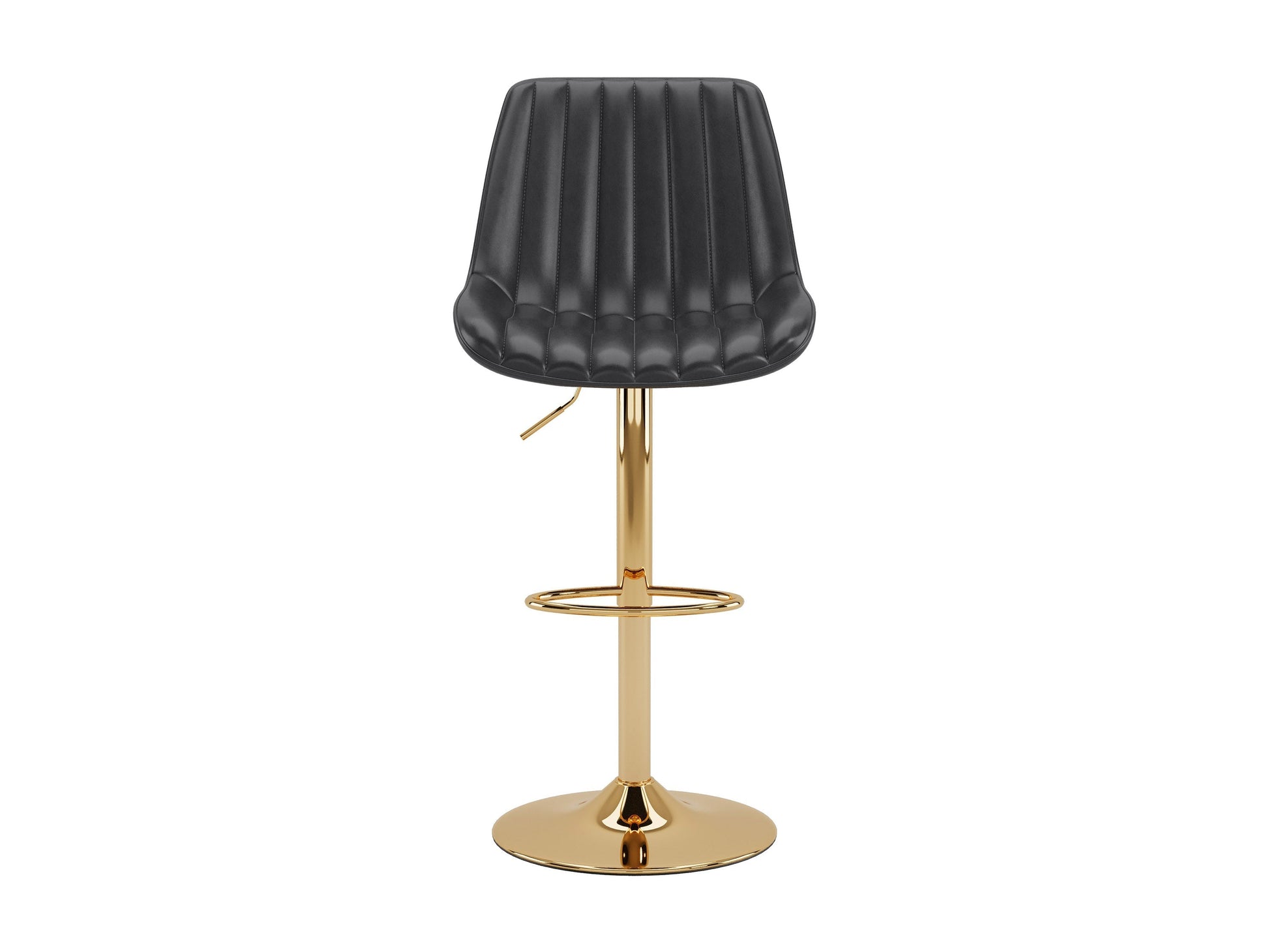 Gold adjustable bar stools set of 2, black cushioned seats, modern design with footrest, perfect for kitchen counters.