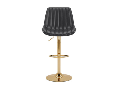 Gold adjustable bar stools set of 2, black cushioned seats, modern design with footrest, perfect for kitchen counters.