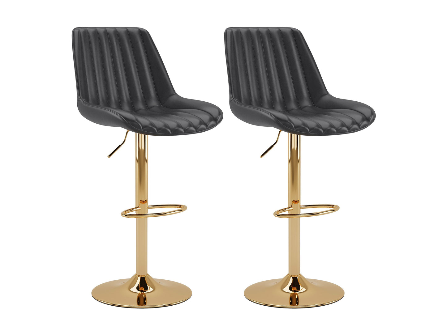 Adjustable black bar stools with gold accents, set of 2, featuring sleek design and comfortable seating.